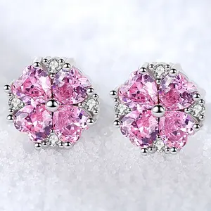 Womens Four Leaf Clover Stud Earrings,Ladies Rhodium Plated Hypoallergenic Jewelry Big Gemstone Earrings 9mm