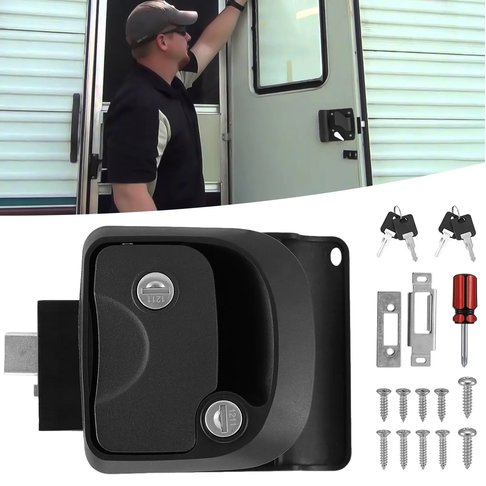 Black RV Paddle Entry Door Lock Latch Handle Knob Deadbolt Fit Camper Trailer RV Door Replacement Lock