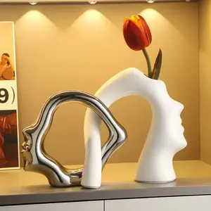 Abstract Face Ceramic Vase, Modern Art Style, Unique Dual-Sided Design, Ceramic with Silver Color Metal Outline, Ideal for Living Room, Hotel Lobby, Dressing Table