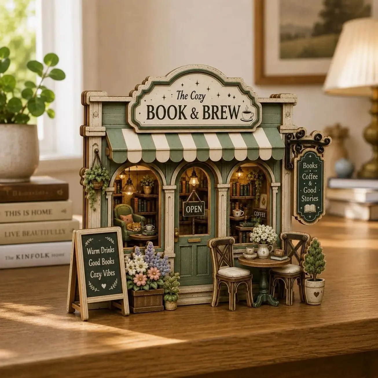 2D Bookstore Wooden Block, Book and Coffee Shop Decor, Cozy Reading Nook Sign