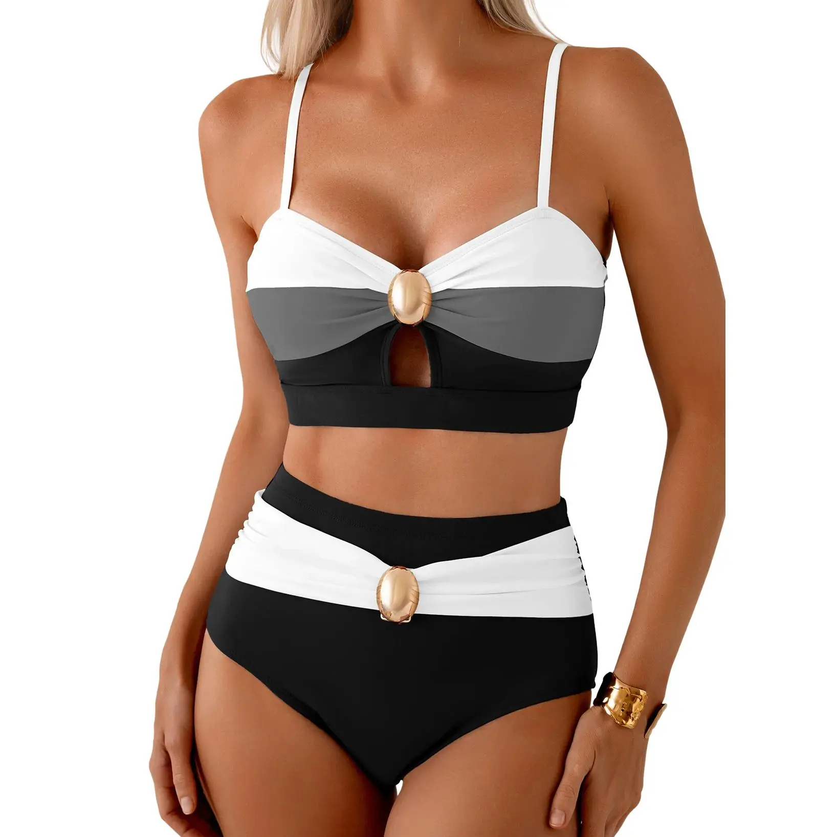 Aleumdr Women's High Waisted Bikini Set, Sweetheart Color Block Stretch Nylon Swimsuit with Tummy Smooth Control for Hawaii Beach Trips, Turquoise, Quick Drying