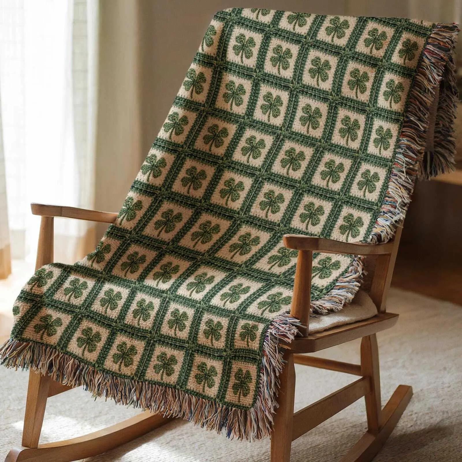 Lucky Clover Woven Blanket Irish Leaf Clover Woven Cotton Blanket Rustic Cottagecore Room Decor, Shamrock Heirloom Quality Tapestry