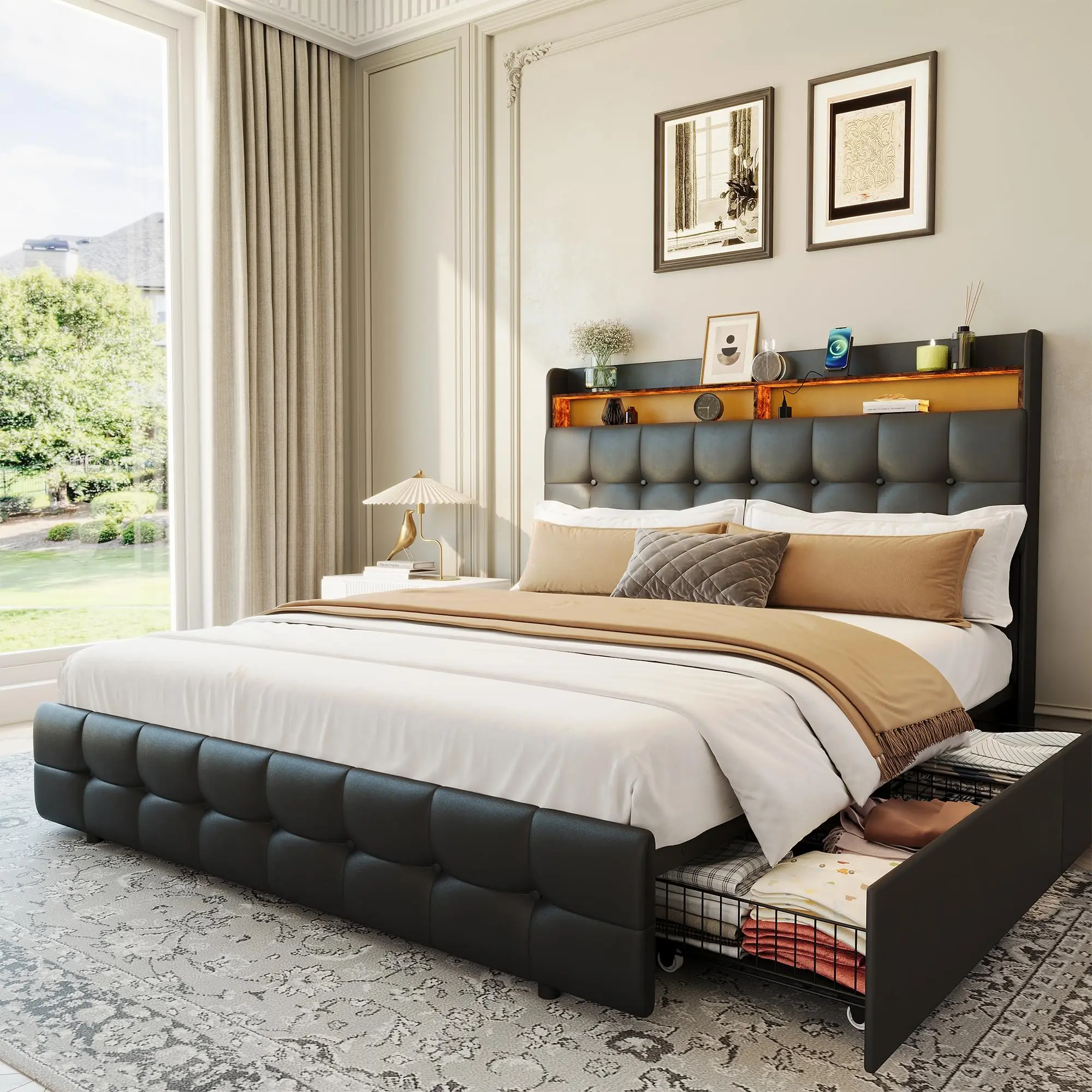 GAOMON Queen Size Assembled Upholstered Storage Bed Frame - Sturdy Heavy Duty Steel Metal Frame, LED Light Headboard, 2 Hidden Drawers, Charging Socket, USB Port, Soft Fuzzy Fabric, Silent Platform, Natural Wood Shelf, No Box Spring Needed, Modern Design,