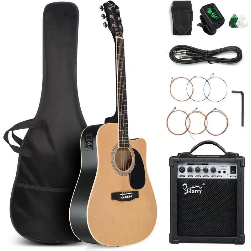 Glarry 41-Inch Full Size Cutaway Acoustic-Electric Guitar Beginner Kit with Adjustable Neck, 15W Amp, Onboard Tuner, Bag, Strap, Picks, String Set, Basswood Body, High-Precision Screws, Low-Battery Display (Acoustic Guitar Full Set)