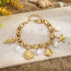 Brazalete hawaiano playa cascara de estrella de mar perla y cadena acero inoxidable