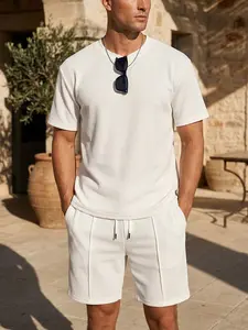 A1 Men's Outfits Casual Classic Ribbed Plain Short Sleeve T-Shirt and Shorts Matching Set Summer Textured Lightweight Tracksuit Athletic Loungewear Sweatsuits Sports Gym Vacation