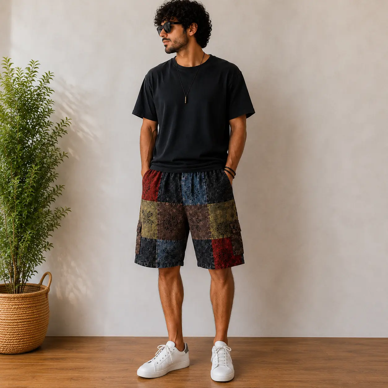 Men's Patchwork Cargo Shorts | Boho Festival Shorts | Hippie Cotton Beach Clothing