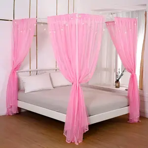 Bed Panels Bed Curtains with Lights for Girls Boys Adults,Home Decoration Set of 8 Panels (Full/Queen, Pink)