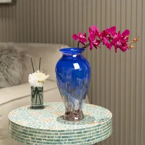 11.8" Tall Blue Hand-Blown Glass Vase – Elegant Wide Mouth Design for Home Decor, Perfect for Centerpieces, Weddings, and Living Room Accents, Wedding Decoration | Artistic Centerpiece | Vibrant Blue Vase, Vases Home Decor