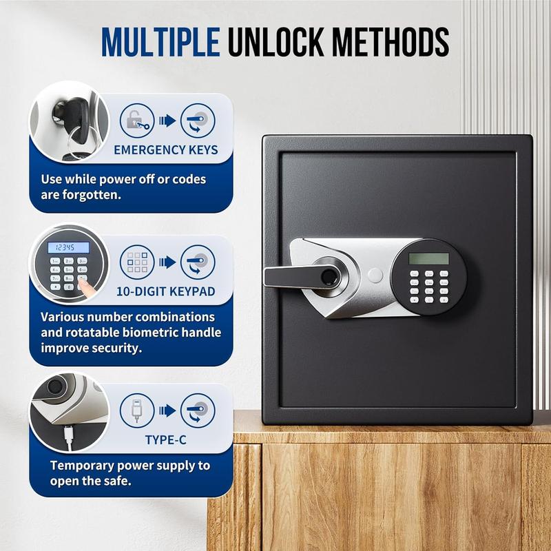 Large Home Safe Box 2.0 Cub Biometric Safe Fingerprint Recogntion Security Safe with Removable Shelf LED Light Fireproof Bag Wall Mount Cabinet Safe for Home Office Hotel