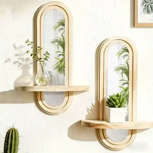 A Solid Wood Floating Wall Shelf in Nordic Minimalist Style, Featuring a Mirror, Ideal for Decorative Storage in Bedrooms, Living Rooms, And Entryways