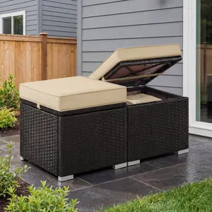 Costoffs 2-Piece PE Rattan Storage Ottoman Set with Removable Cushions, Flip-Top Storage Boxes for Small Balcony and Garden Use