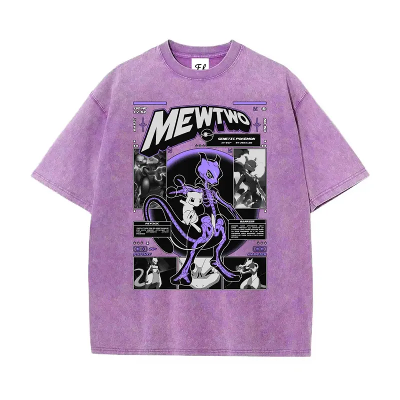 Unisex  #150 Mewtwo Skeleton Card PSYCHIC / BARRIER pocket Graphict Washed T-Shirt Personalized Pattern Y2k Clothing Round Neck Washed T-Shirt,Women's Clothing 100% Cotton, Menswear, Top, Vintage Style,Summer Casual Oversized