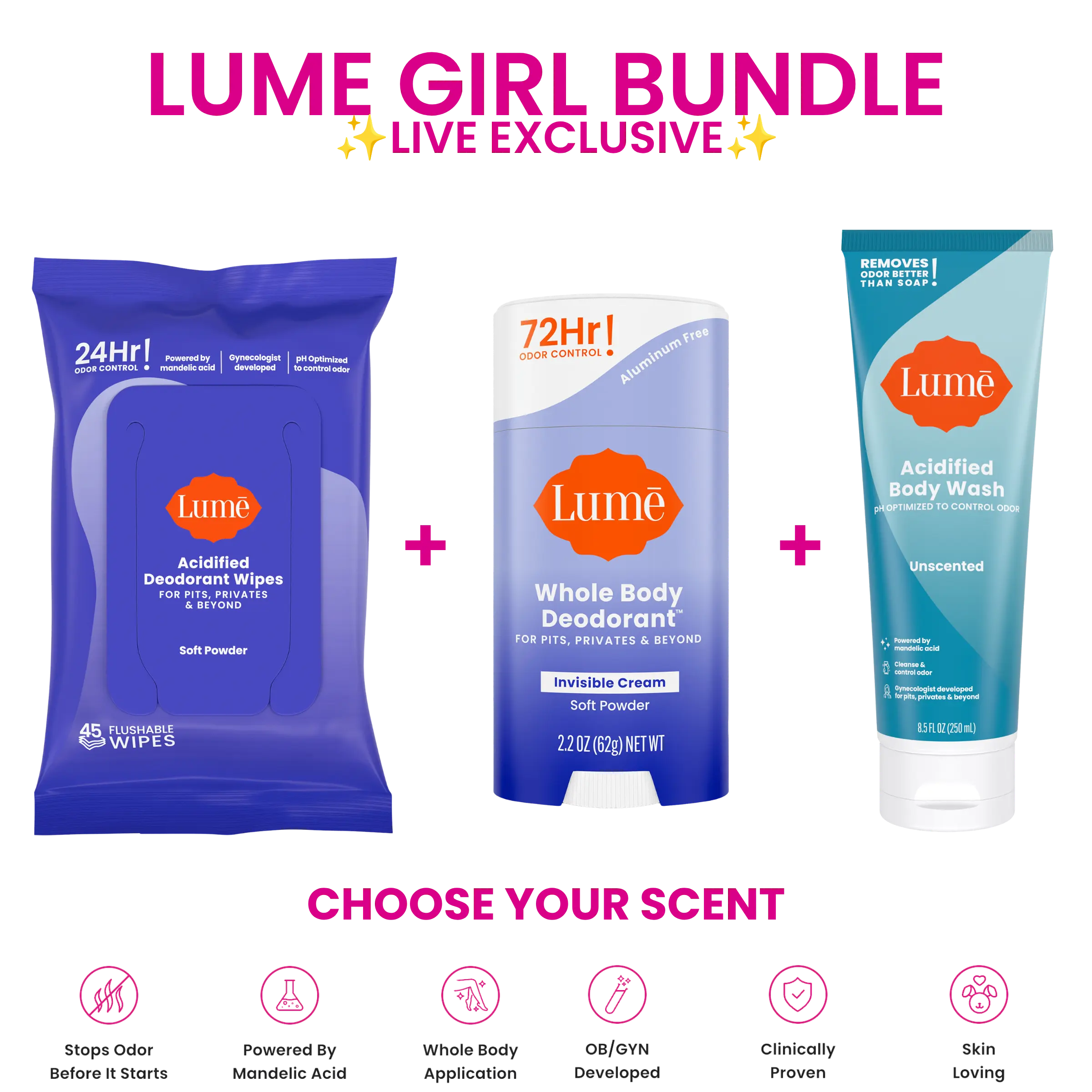 Lume Girl Bundle - Live Exclusive - For The Whole Body - Deodorant - Body Wash - Wipes Lume Girl Bundle - Live Exclusive - For The Whole Body - Deodorant - Body Wash - Wipes