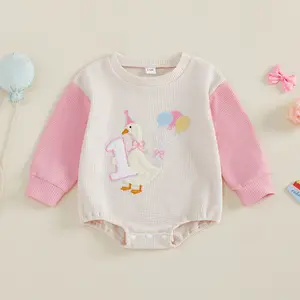 Infant Baby Girl My First Birthday Rompers Comfortable Long Sleeve Number Goose Embroidery Jumpsuit Spring Fall Winter