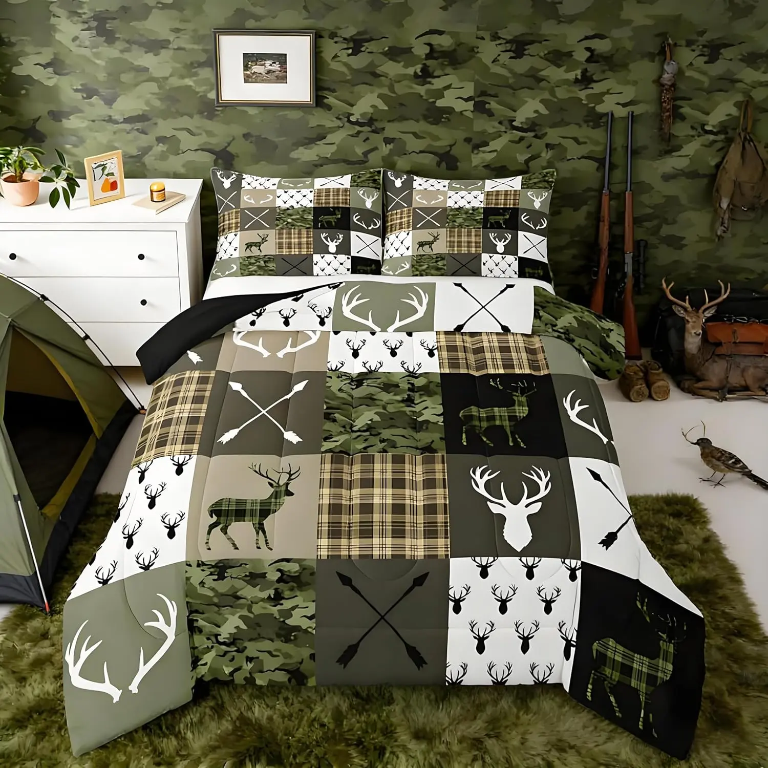 Green Hunting Camo Bedding Set Soft,Rustic Western Deer Comforter Set Camouflage Hunter Duvet Quilt Wildlife Animal Bedroom Decor 1
