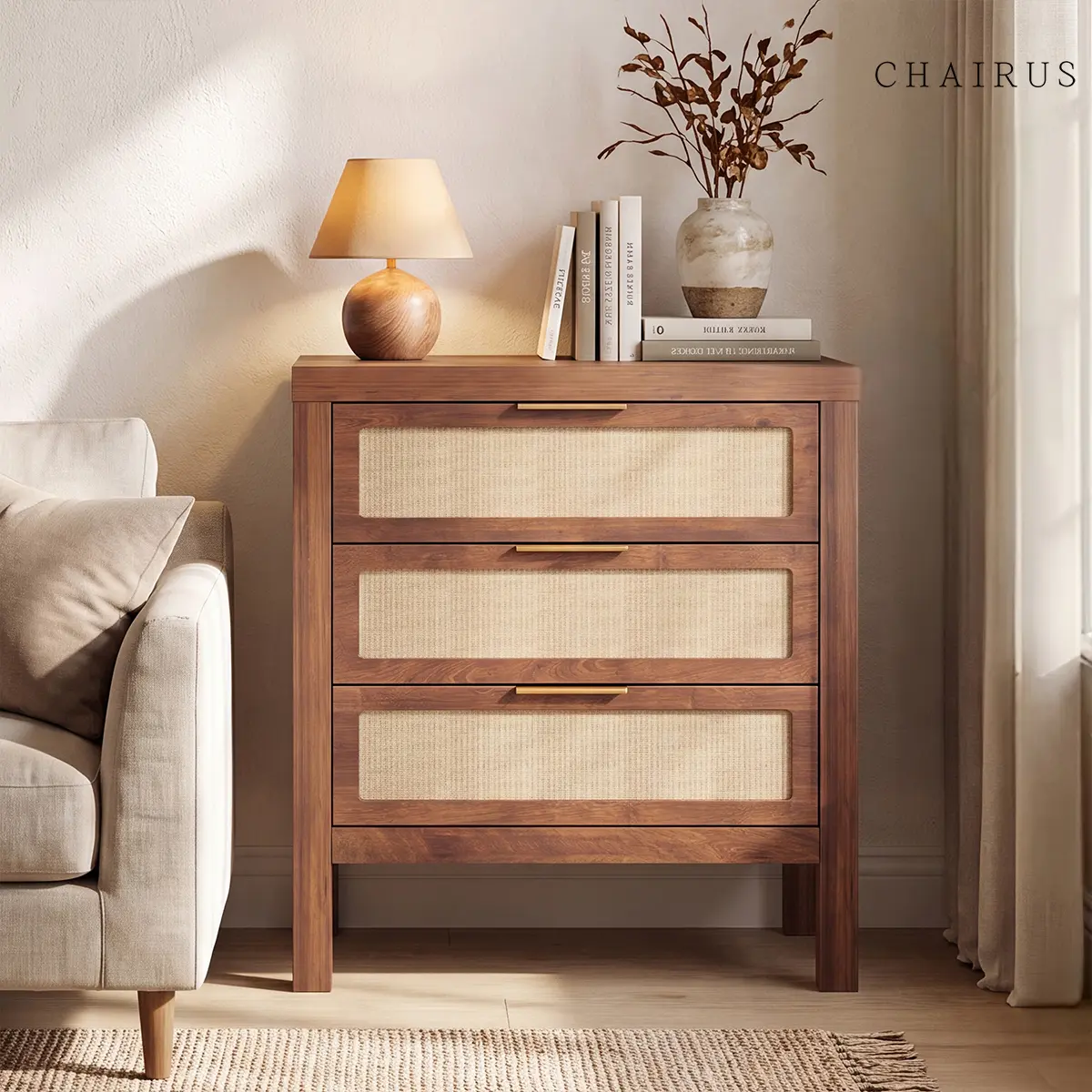 CHAIRUS Rattan 3-Drawer Nightstand - Boho Walnut Elegant Decorative Wooden Bedroom Furniture with Anti-Tip Kit, 24" L x 15" W x 27" H Large-Capacity Bedside Table/Storage Chest for Bedroom Decor & Entryway, Entryway Decor sohochic, Nightstands For Bedroom