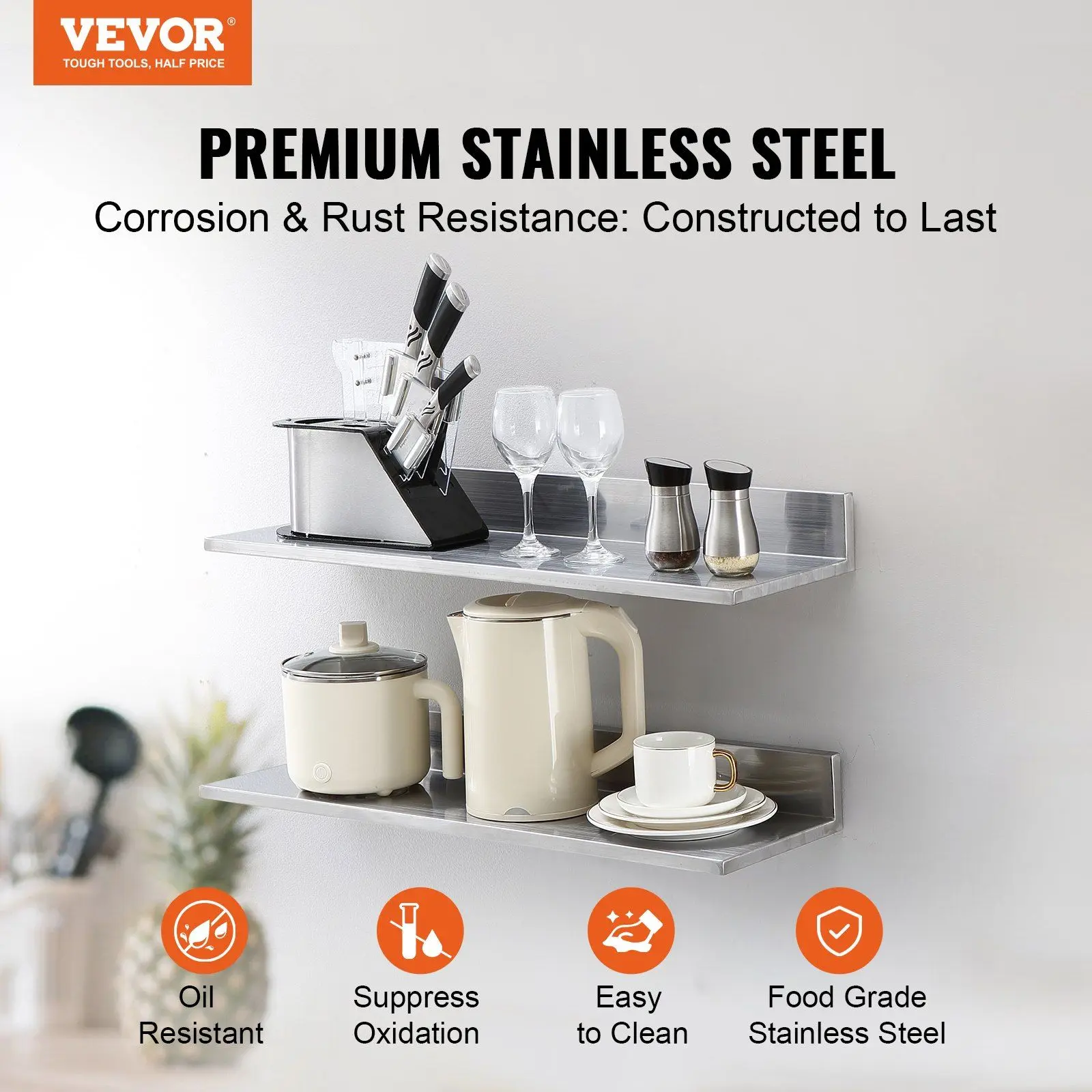 VEVOR 2-Pack 8.6"x30" Stainless Steel Wall-Mounted Floating Shelves with Backsplash, 44lbs Max Load Capacity Heavy-Duty Storage Racks, for Kitchen Walls, Commercial Users & Home Decor