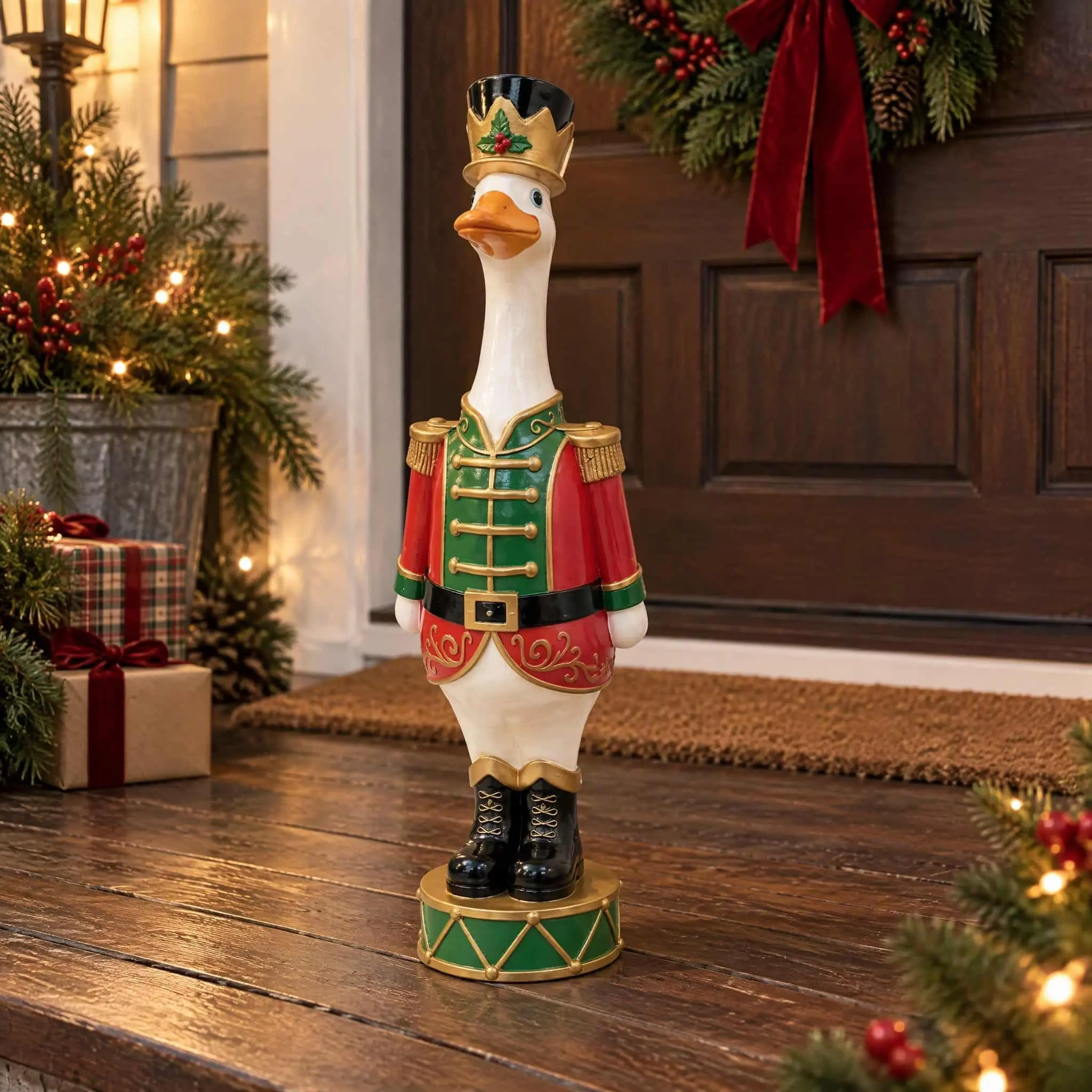 Christmas Nutcracker Goose Statue, 14.17" Hand Painted Resin Holiday Tabletop Figurine, Whimsical Front Porch Christmas Decorations & Indoor Outdoor Mantel Home Decor