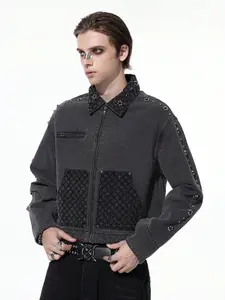 Jackets men - Men Relaxed Denim Jacket with Pearl Accent, Streetwear Layering for Daily Wear clothes for men men's clothing zip up jacket y2k clothing vacation outfits winter outfits airport outfit jackets black jeans y2k clothes club outfit now