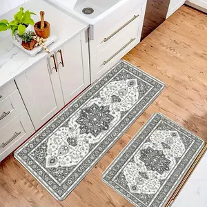 2-Pc Vintage Medallion Area Rug - Retro Distressed, Washable, Non-Slip Anti-Drift Carpet, 2x2 Kitchen Rugs, Farmhouse Aesthetic Decor for Living Room, Summervibes Household Textile, Anti-Drift Kitchen Rugs