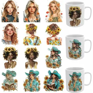 12 PCS UV DTF Cup Wrap,Sunflower Lady UV DTF Cup Transfer Stickers for Wood Glass Home Decor