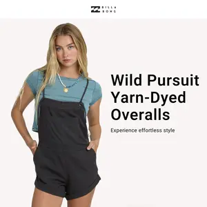 Billabong Women's Wild Pursuit Yarn-Dyed Overalls, Square Neck, Adjustable Tie Straps, Regular Fit