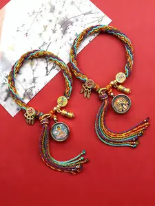 Tibetan Thangka Handwoven Bracelet, Adjustable Dual-Sided Design, Guardian Lucky Rope with Guanyin, Manjusha, Amitabha Buddha, Wealth God