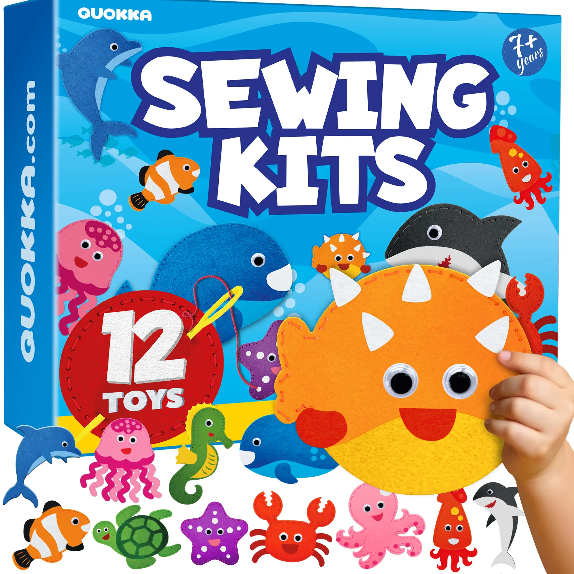 QUOKKA Kids' Felt Crafts Handicrafts Art Box Sewing Kit - 12 Unisex Basic DIY Sea Animals Kits with Pre-Cut Felt, Thread, Safety Needles, Step-by-Step Instructions for Ages 7+ to Boost Creativity, Motor Skills, Art For Kids