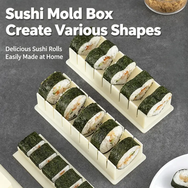DIY Sushi Maker Mold Set, HIPS Non-Stick Sushi Rolling Tool with Cutting Groove, One Press Forming Sushi Making Kit for Home Kitchen Beginners, Easy to Clean Homemade Rice Roll Mold