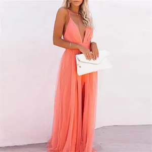 Women's Fashionable Elegant Orange Suspender Gauze Strap Dress