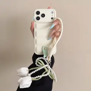 Tulip Flower Phone Case For iPhone 17 Air 16E 16 15 14 13 12 11 Pro Max 15 Plus Solid Color Down Jacket Cover With Pearl Hand Strap