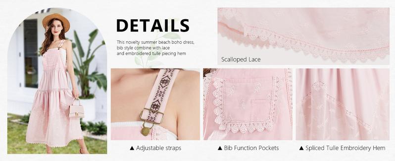 Ebossy Women's Basic Minimalist Sleeveless Laced Embroidered Tulle Bib Dress Casual Loose Adjustable Straps Maxi Dress Womenswear Boho Style Ebossy Women's Basic Minimalist Sleeveless Laced Embroidered Tulle Bib Dress Casual Loose Adjustable Straps Maxi Dress Womenswear Boho Style