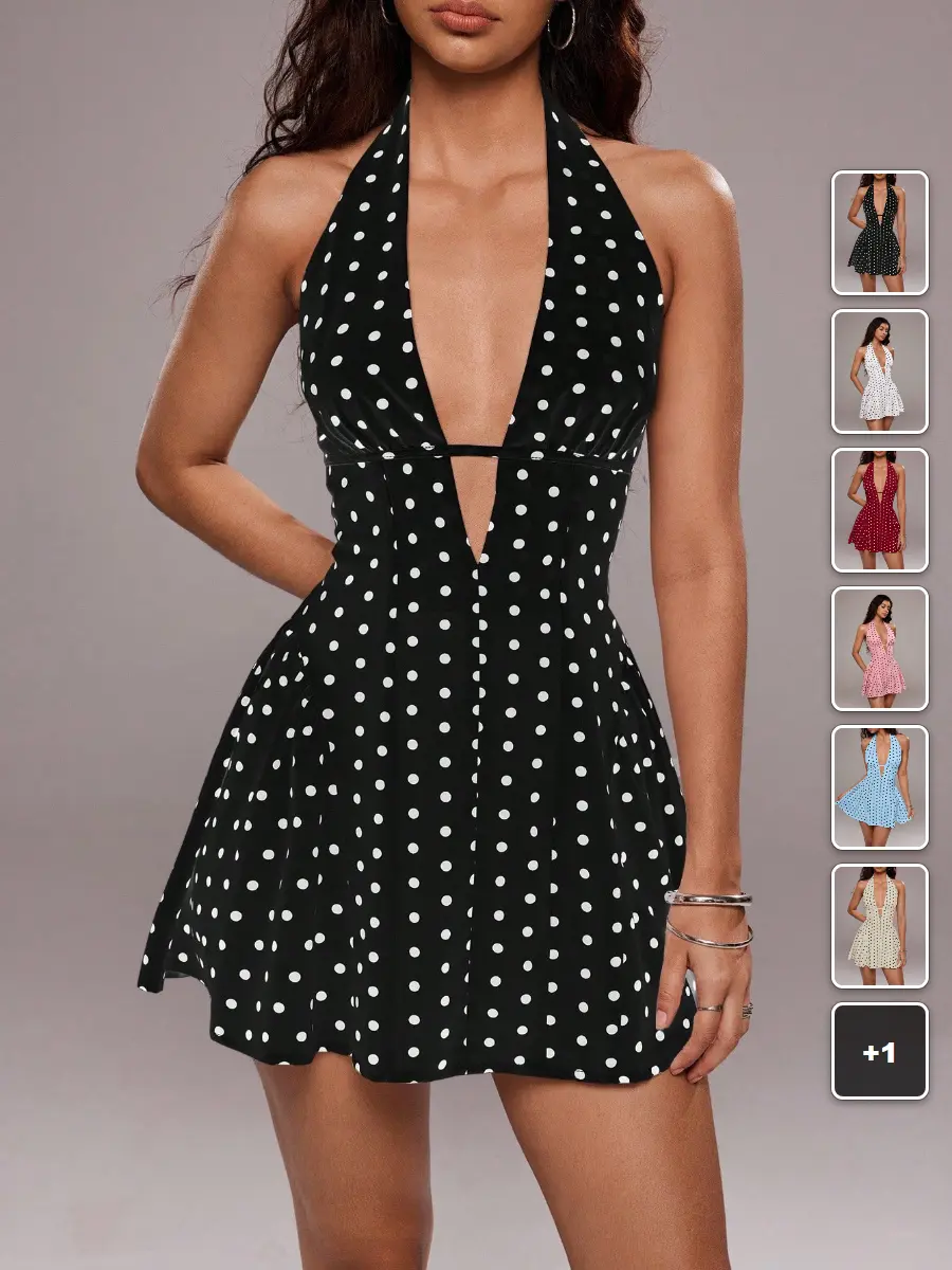 Halter Dress Polka Dot Deep V-Neck Sexy Summer Going Out Outfit