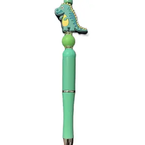Beaded Pen with Dinosaur Topper - Green Body, Unique Design, Perfect for Writing