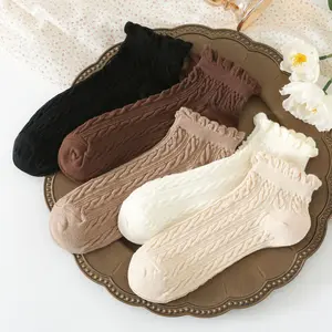 5Pairs Chic Ruffle Cuff Ankle Socks for Women Cotton Cable Knit Low Cut Breathable Casual Cute Socks Perfect Fit Sizes 5-10 Non-slip Comfortable Womenswear