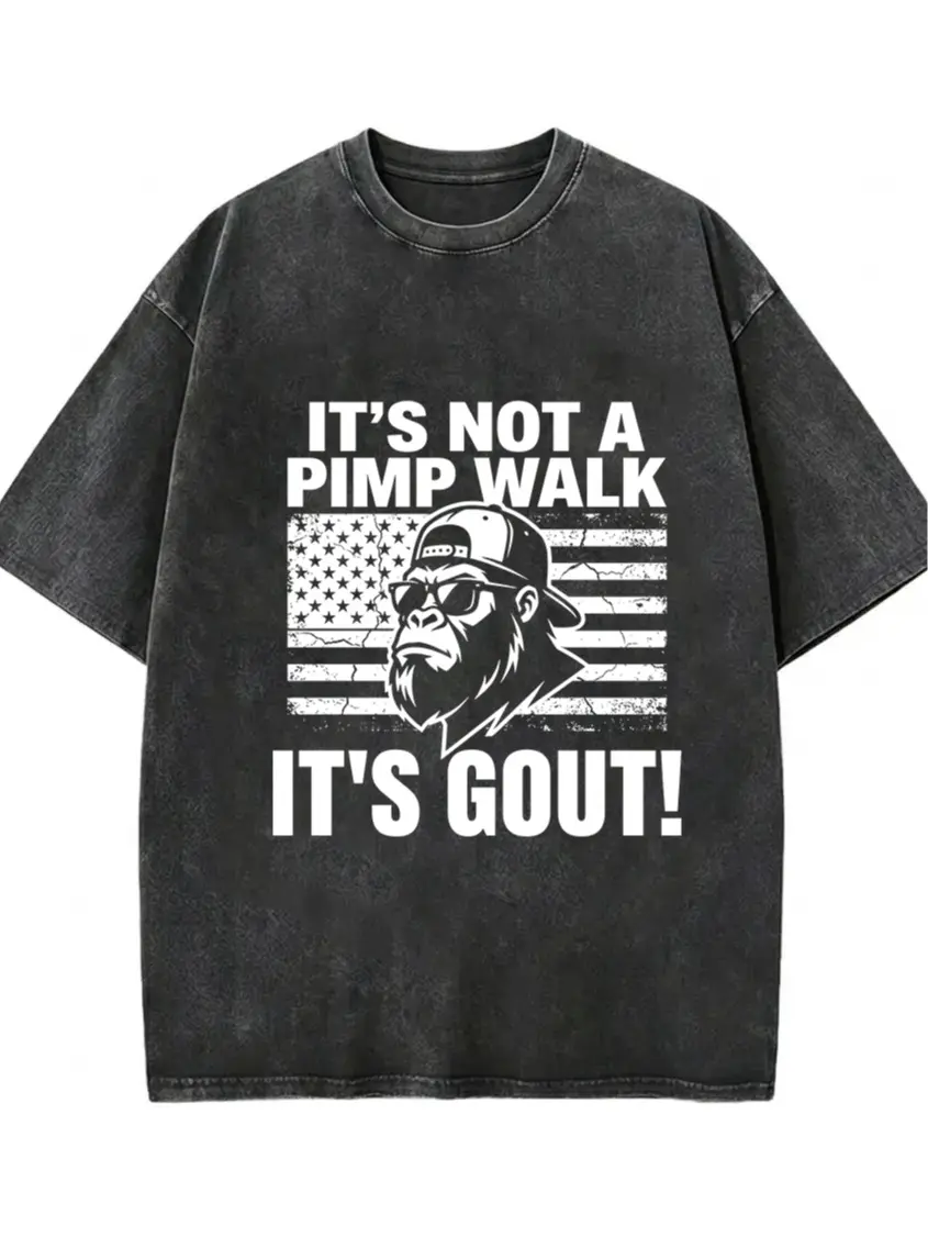 Vintage Style Comfortable Everyday Short-Sleeve Washed Cotton Men's T-Shirt - "It's Not A Pimp Walk Its Gout" American Flag Gorilla Graphic Top for Casual Streetwear, Weekend Hangouts Piece, Shortsleeve