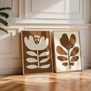 Set of 2 Abstract White & Tan Floral Wall Art Prints, Brown Mid-Century Style Retro Flower Posters, Oversized Minimalist Decor, 5 Size, 8x12 to 27x40 inch, Room Decor, Unframed