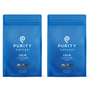 Purity Coffee CALM Decaf Medium Roast – Low Acid Organic Coffee, Focus & Clean Energy, 12oz x(2 bags) – Ground