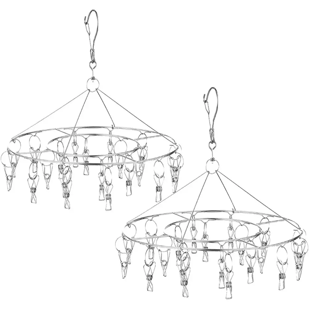 2-Pack Stainless Steel Round Hanging Drying Rack with 20 Clips, Space-Saving Hanging Storage Organizer Hangers & Pegs for Baby Clothes, Socks, Dresses, Small Laundry Items, Rack Hanger