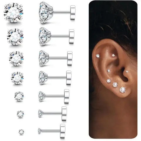 Unisex 7 Pairs 2-8Mm Flat Back Stud Earrings - 14K Gold/Silver Plated Stainless Steel, Birthstone Cubic Zirconia, Surgical Steel Cartilage, Jewelry for Women, Lightweight Lead & Nickel-Free, Tarnish Proof, Shining, Sensitive Ears Daily Wear, Tarnish Proof