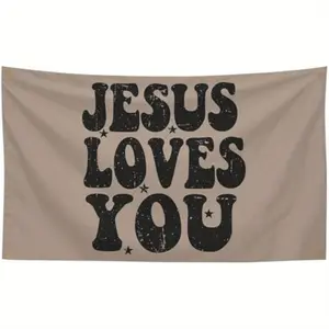 Jesus Loves You Tapestry Wall Hanging - Large 40"x60" Horizontal Religious Decor with Distressed Verse Typography, Beige Background & Black Stars - Fabric for Bedroom, Dorm, Prayer Room Art