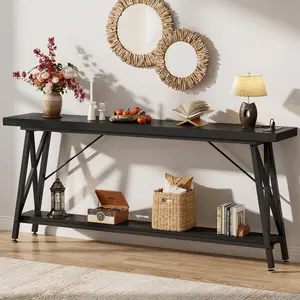 Cyclysio Console Table with Charging Station, 70.9 Inch Extra Long Sofa Table with 2 Tier Storage Shelf, Industrial Hallway Entry Table Behind Couch Table for Living Room, Black/White