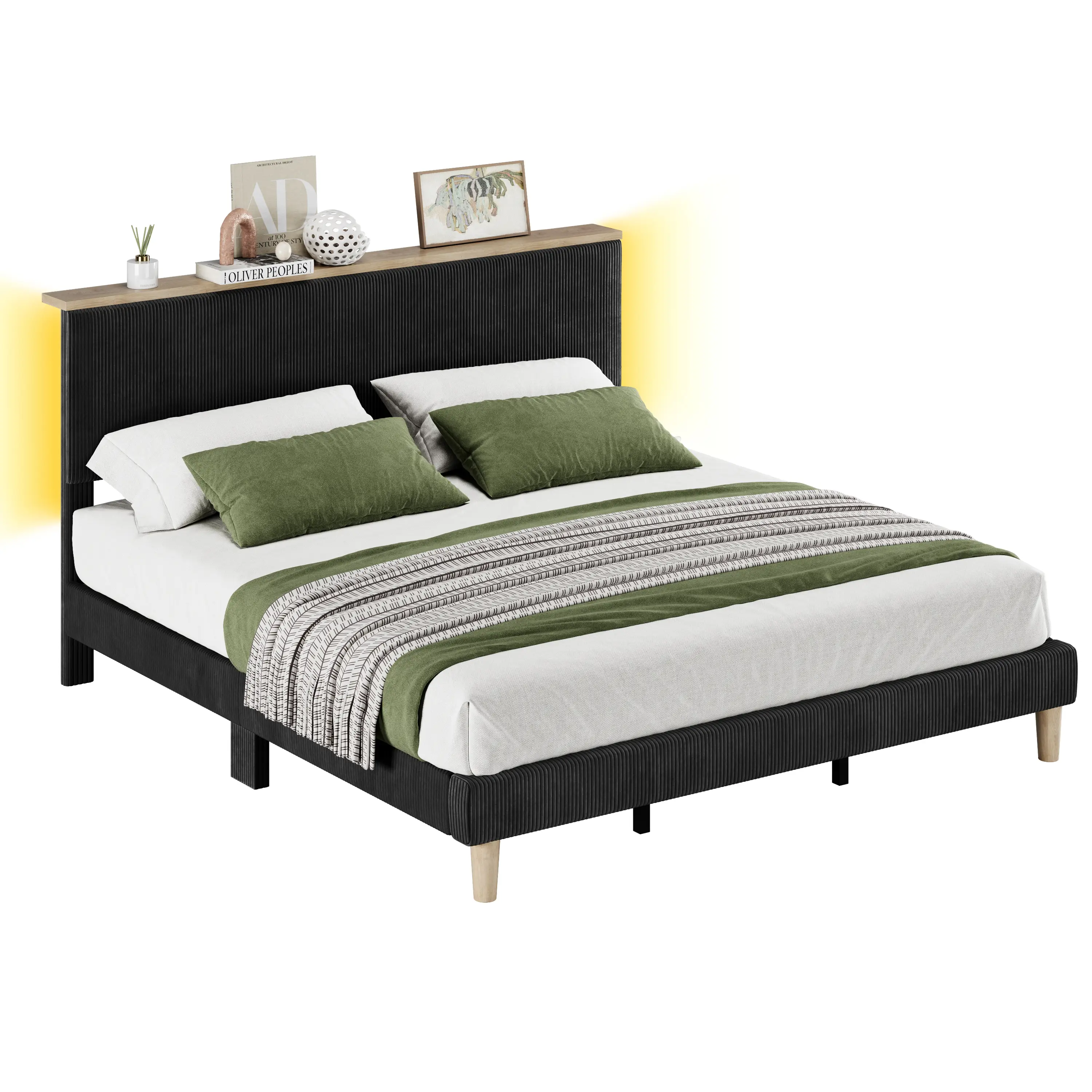 Pinmoco Corduroy Upholstered Bed Frame with Vertical Channel & Adjustable Headboard, LED Platform Bed with Storage Shelf, Solid Wood Leg&Slat Support,