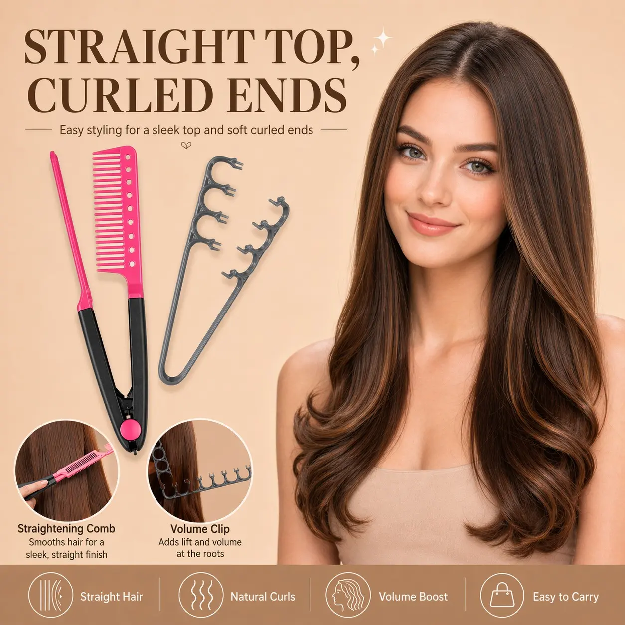 2-Piece Hair Styling Set: Straightening Comb + Root Lifter, Professional Salon-Grade Tools for Smooth Straight and Curly Ends