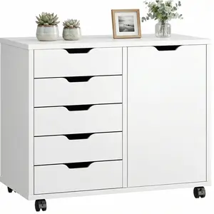 Sweetcrispy 5-Drawer Wooden File Cabinet with Smooth Sliding Drawers, Adjustable Shelf, Wheels, Rolling Laptop Table, Mobile Printer Stand for Home Office