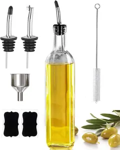 Glass Olive Oil Bottle 17oz – 2 Pourers, Labels, Brush, Funnel | Oil & Vinegar Cruet for Cooking Leaflai