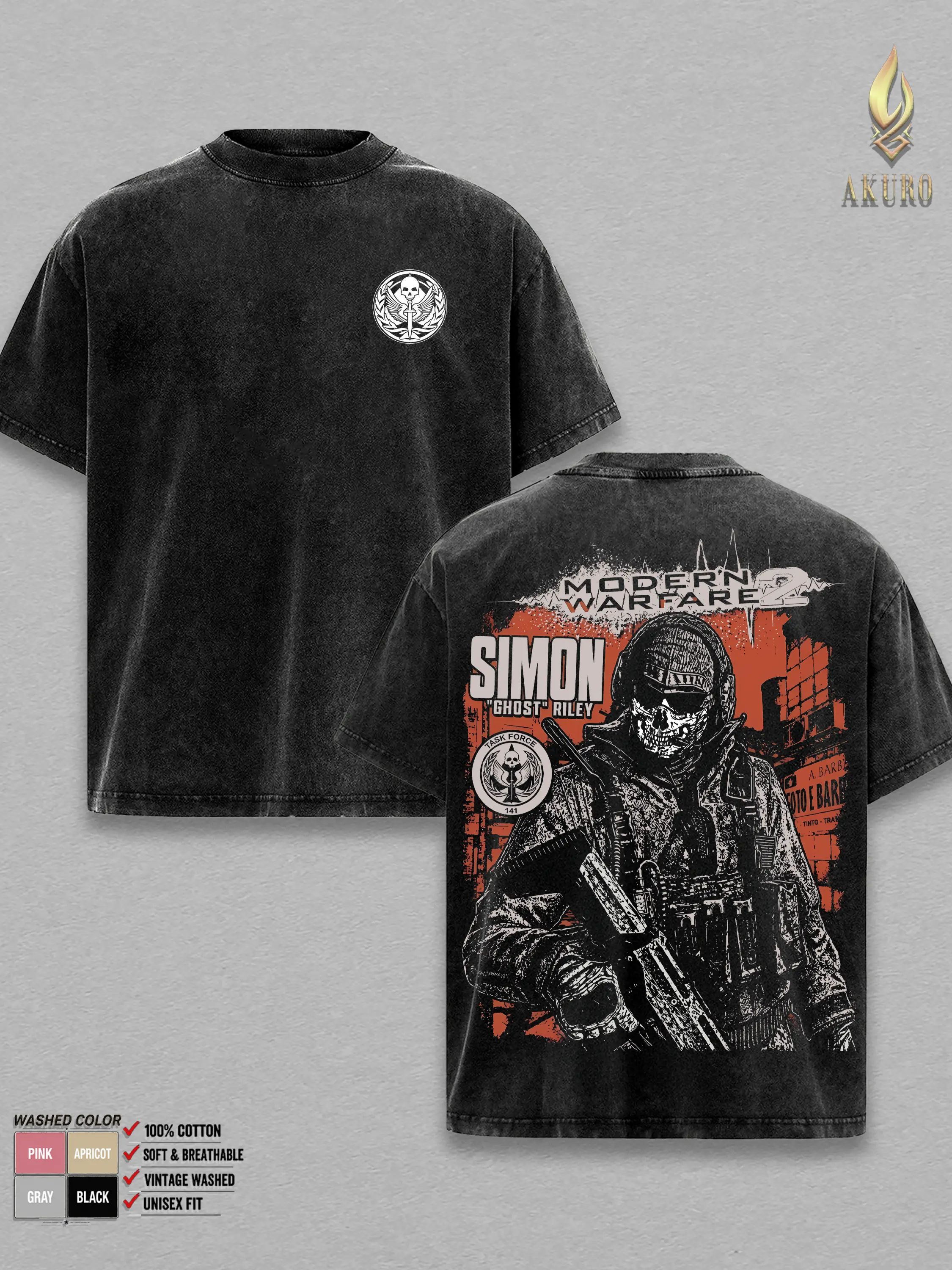 Simon "Ghost" Riley - Call Of Duty Ver 3 Double Printed Oversize Lightweight Acid Washed Tee Game Graphic T-Shirt for Men Casual Day Wear Cotton Fabric - Jeans Vintage Gaming Retro Black Tee Oversized Heavyweight Cotton T-Shirts Love Menswear