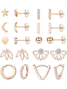 10Pairs Stainless Steel Stud Earring Set Moon Star Bar Earrings Lotus Ear Jacket CZ Cuff Hoop Huggie Cartilage Earring for Women