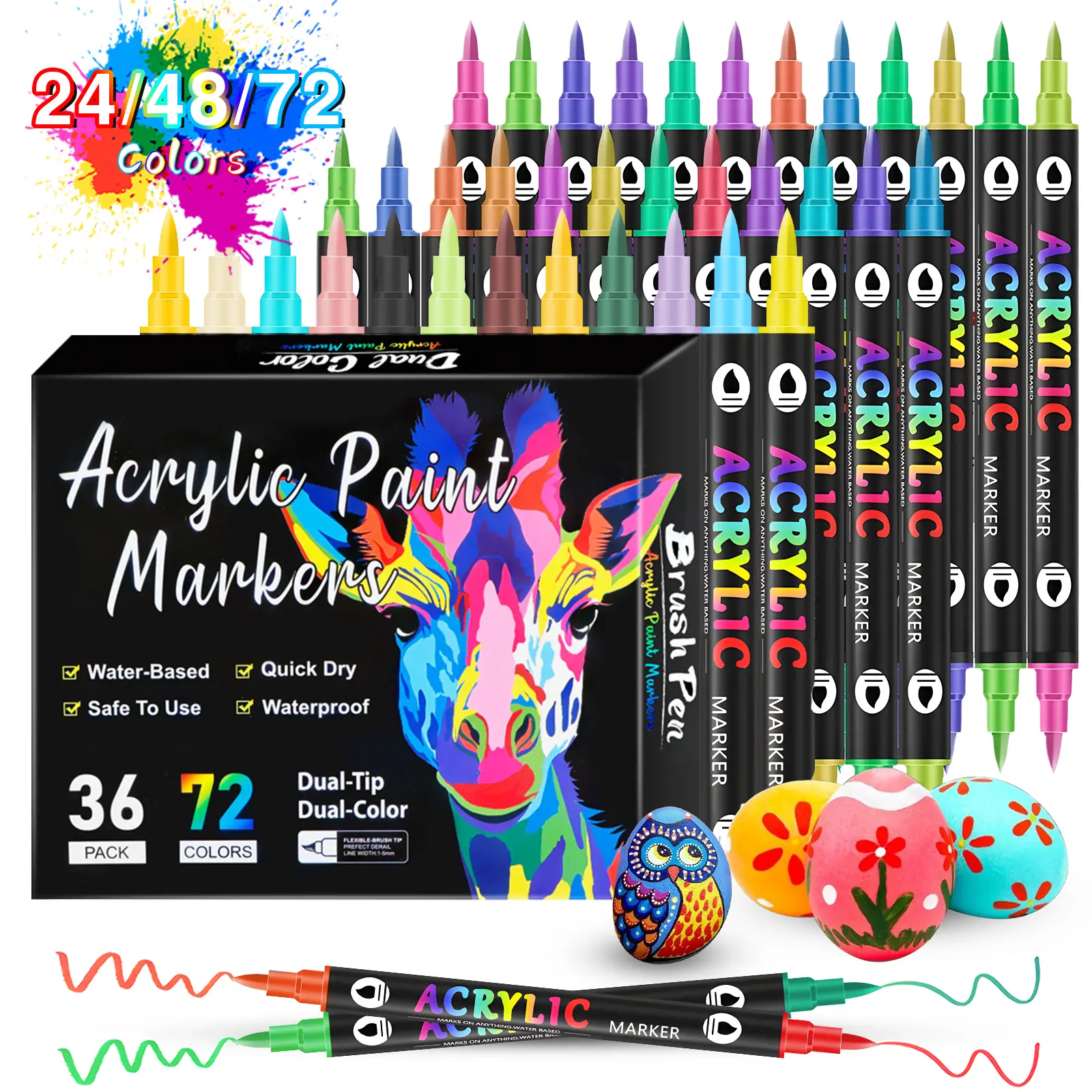 Double-Ended Acrylic Paintbrushes (12/24/36 Sets) - Ultra-Fine Point, Multi-Surface DIY Crafts Tools for Rock Painting, Decoration, Acrylic Paint Markers Compatible with Ceramics, Wood, Canvas
